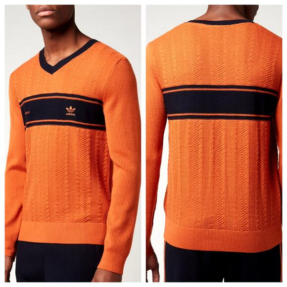 Adidas X Wales Bonner Men's Wool Knit Long Sleeve Shirt V-neck in Orange Size M - Picture 2 of 12